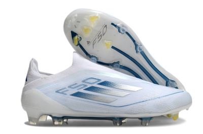 Men's Adidas F50 Elite Laceless FG Firm Ground Low-Tops Football Boots - White/Silver/Blue