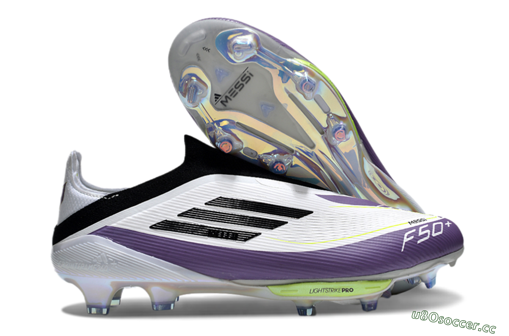 Men's Adidas F50+ Elite Lightstrike Pro Laceless FG Firm Ground Low-Tops Football Boots - White/Black/Purple 2