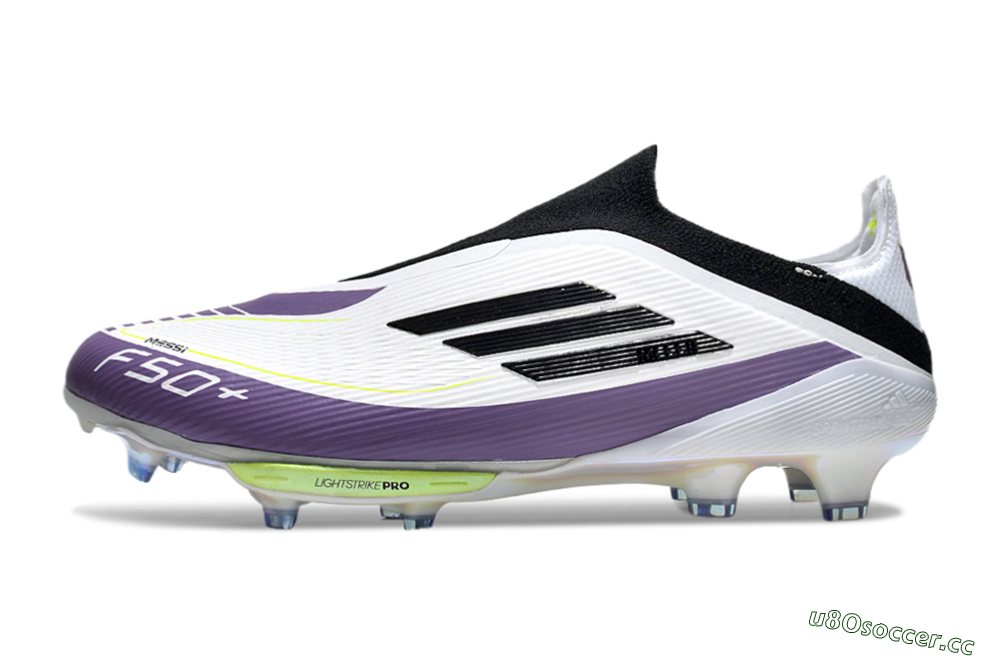 Men's Adidas F50+ Elite Lightstrike Pro Laceless FG Firm Ground Low-Tops Football Boots - White/Black/Purple 0