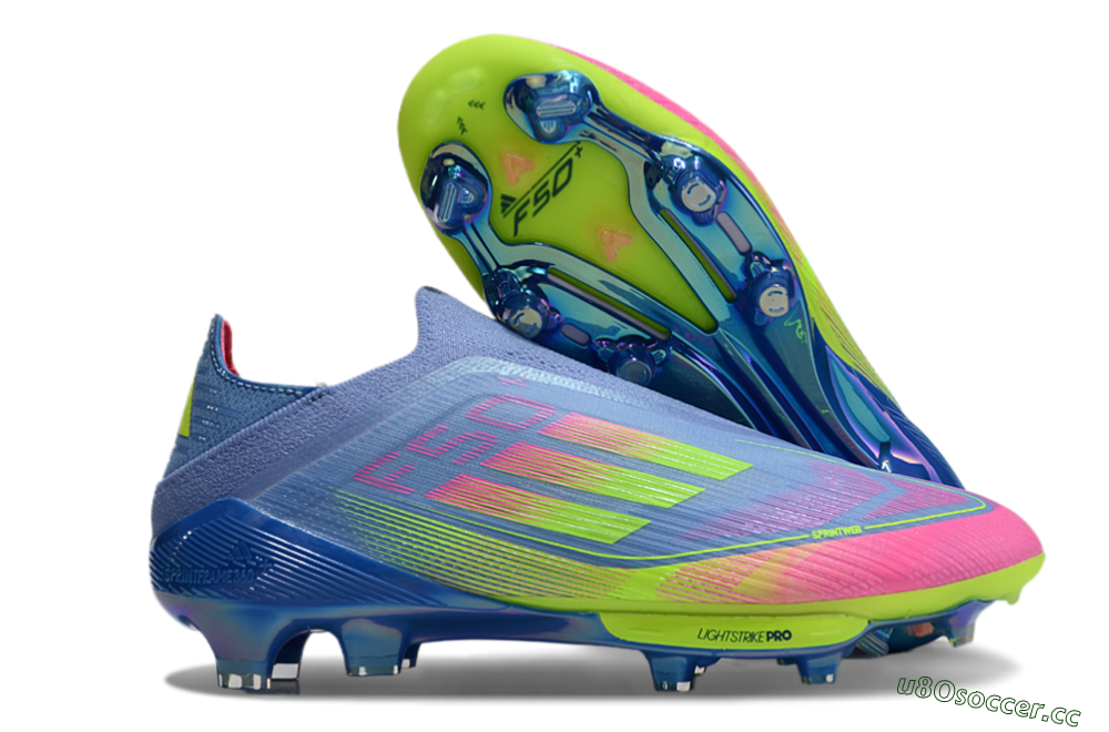 Men's Adidas F50+ Elite Lightstrike Pro Laceless FG Firm Ground Low-Tops Football Boots - Blue/Pink/Yellow 2