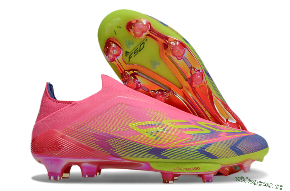 Men's Adidas F50+ Elite Lightstrike Pro Laceless FG Firm Ground Low-Tops Football Boots - Pink/Blue/Yellow 2