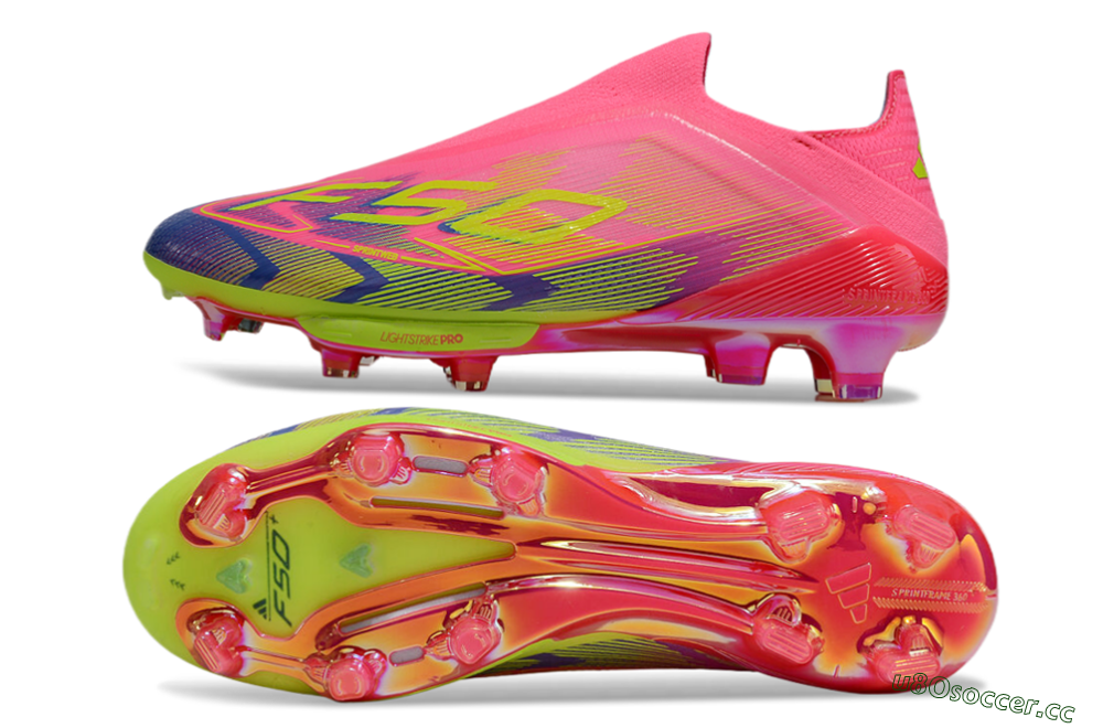 Men's Adidas F50+ Elite Lightstrike Pro Laceless FG Firm Ground Low-Tops Football Boots - Pink/Blue/Yellow 1