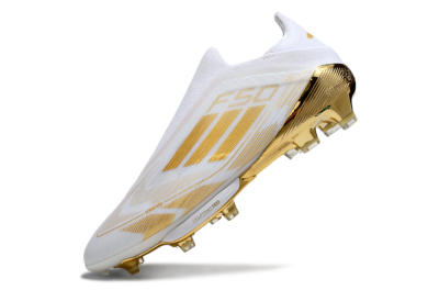 Men's Adidas F50+ Elite Lightstrike Pro Laceless FG Firm Ground Low-Tops Football Boots - White/Gold