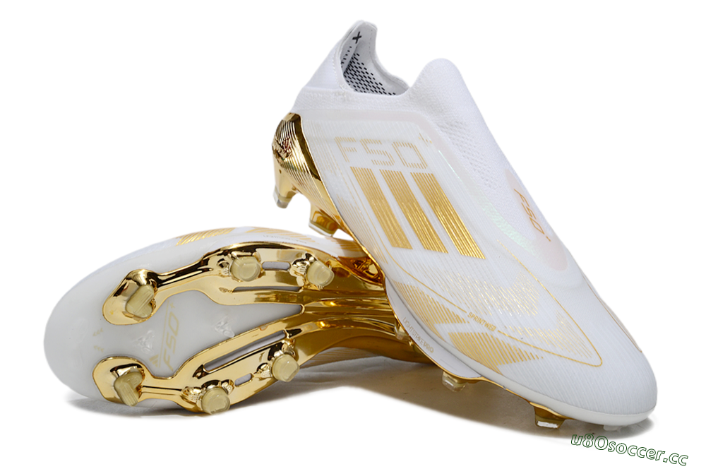 Men's Adidas F50+ Elite Lightstrike Pro Laceless FG Firm Ground Low-Tops Football Boots - White/Gold 3
