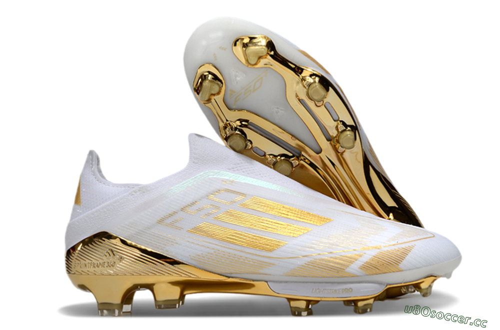 Men's Adidas F50+ Elite Lightstrike Pro Laceless FG Firm Ground Low-Tops Football Boots - White/Gold 2