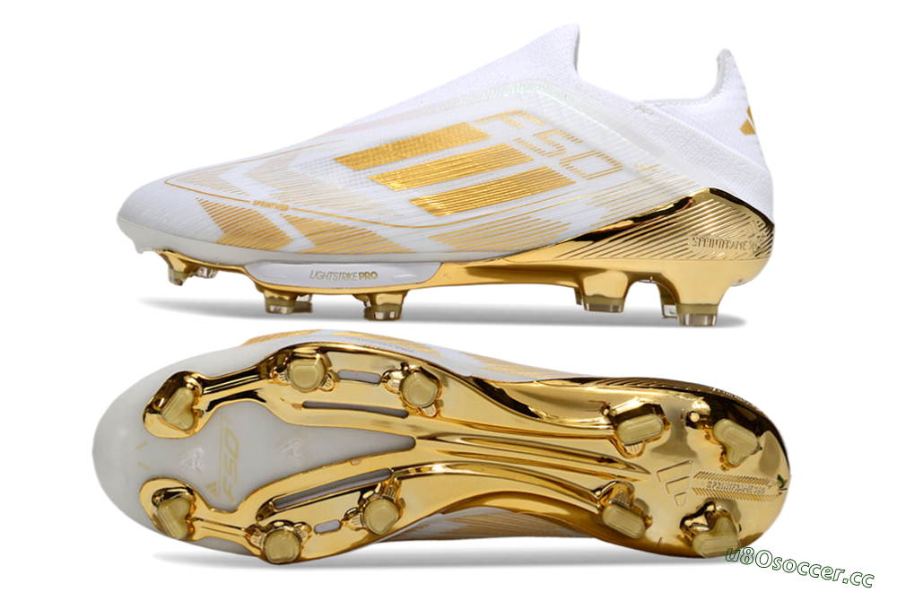 Men's Adidas F50+ Elite Lightstrike Pro Laceless FG Firm Ground Low-Tops Football Boots - White/Gold 1