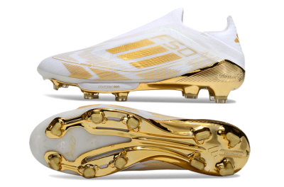 Men's Adidas F50+ Elite Lightstrike Pro Laceless FG Firm Ground Low-Tops Football Boots - White/Gold