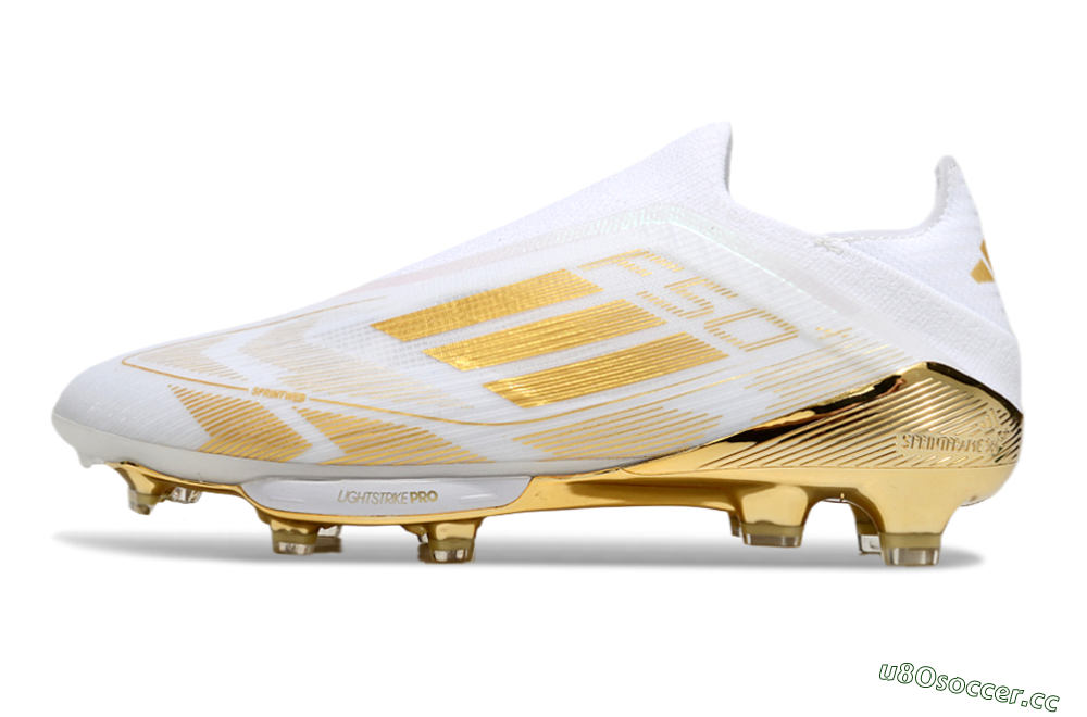 Men's Adidas F50+ Elite Lightstrike Pro Laceless FG Firm Ground Low-Tops Football Boots - White/Gold 0