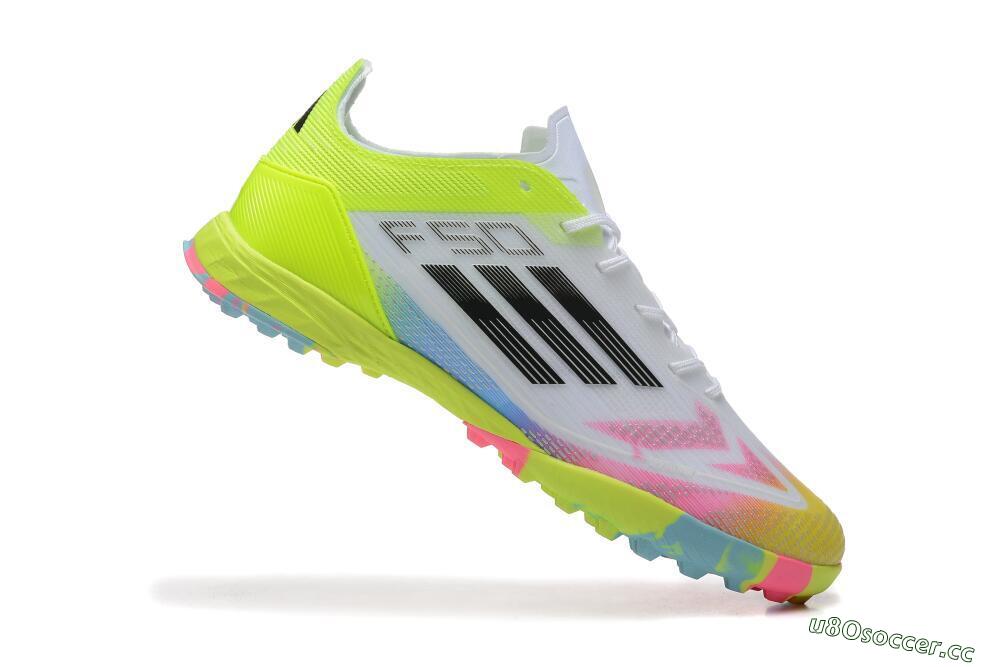 Men's Adidas F50 Pro TF Artificial Turf Low-Tops Football Shoes - White/Pink/Black/Yellow 4