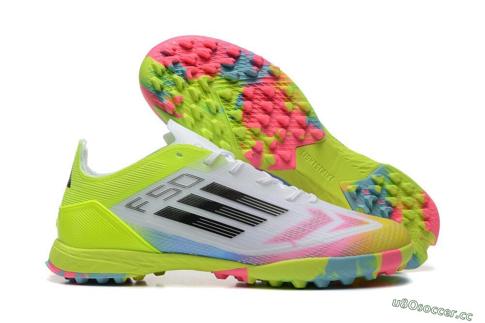 Men's Adidas F50 Pro TF Artificial Turf Low-Tops Football Shoes - White/Pink/Black/Yellow 2