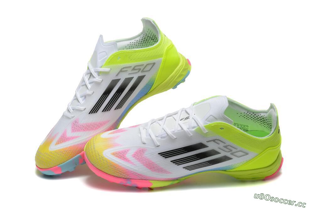 Men's Adidas F50 Pro TF Artificial Turf Low-Tops Football Shoes - White/Pink/Black/Yellow 3