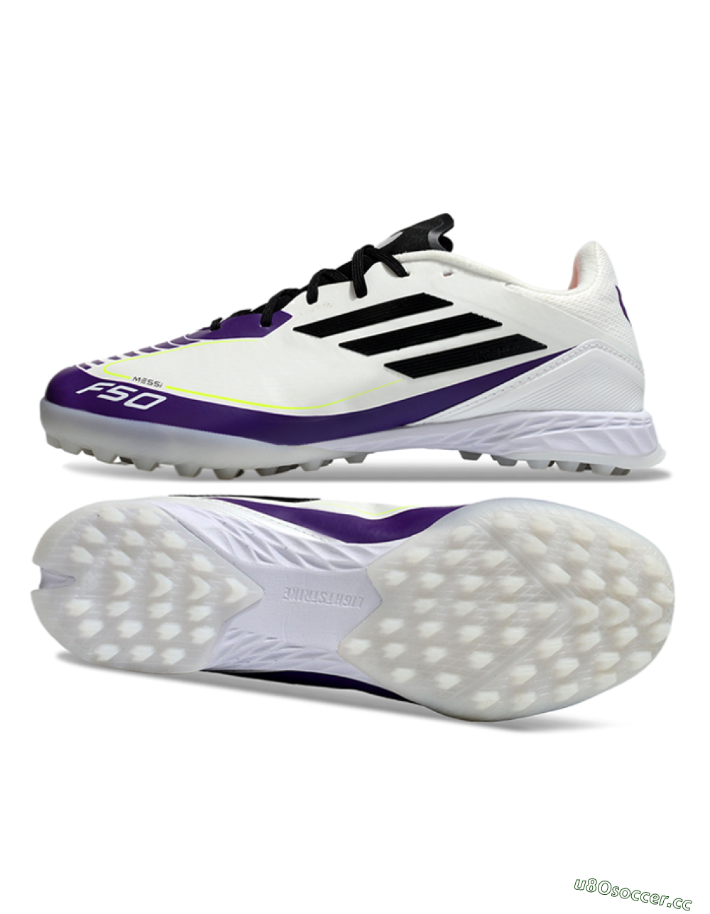 Unisex Messi x Adidas F50 Pro TF Artificial Turf Low-Tops Football Shoes - White/Black/Purple 1