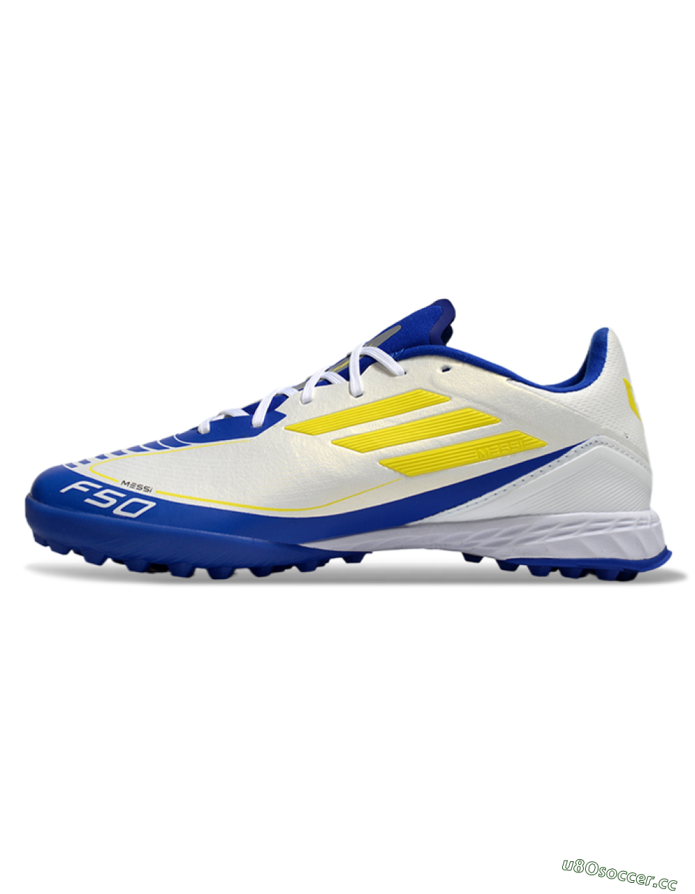 Unisex Messi x Adidas F50 Pro TF Artificial Turf Low-Tops Football Shoes - White/Yellow/Blue 0