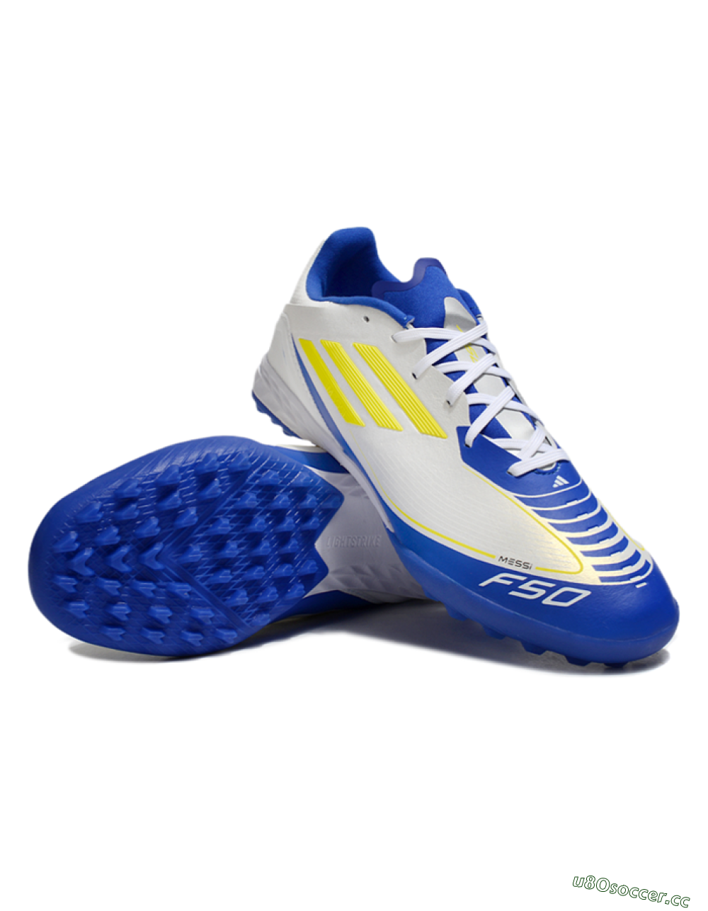 Unisex Messi x Adidas F50 Pro TF Artificial Turf Low-Tops Football Shoes - White/Yellow/Blue 3