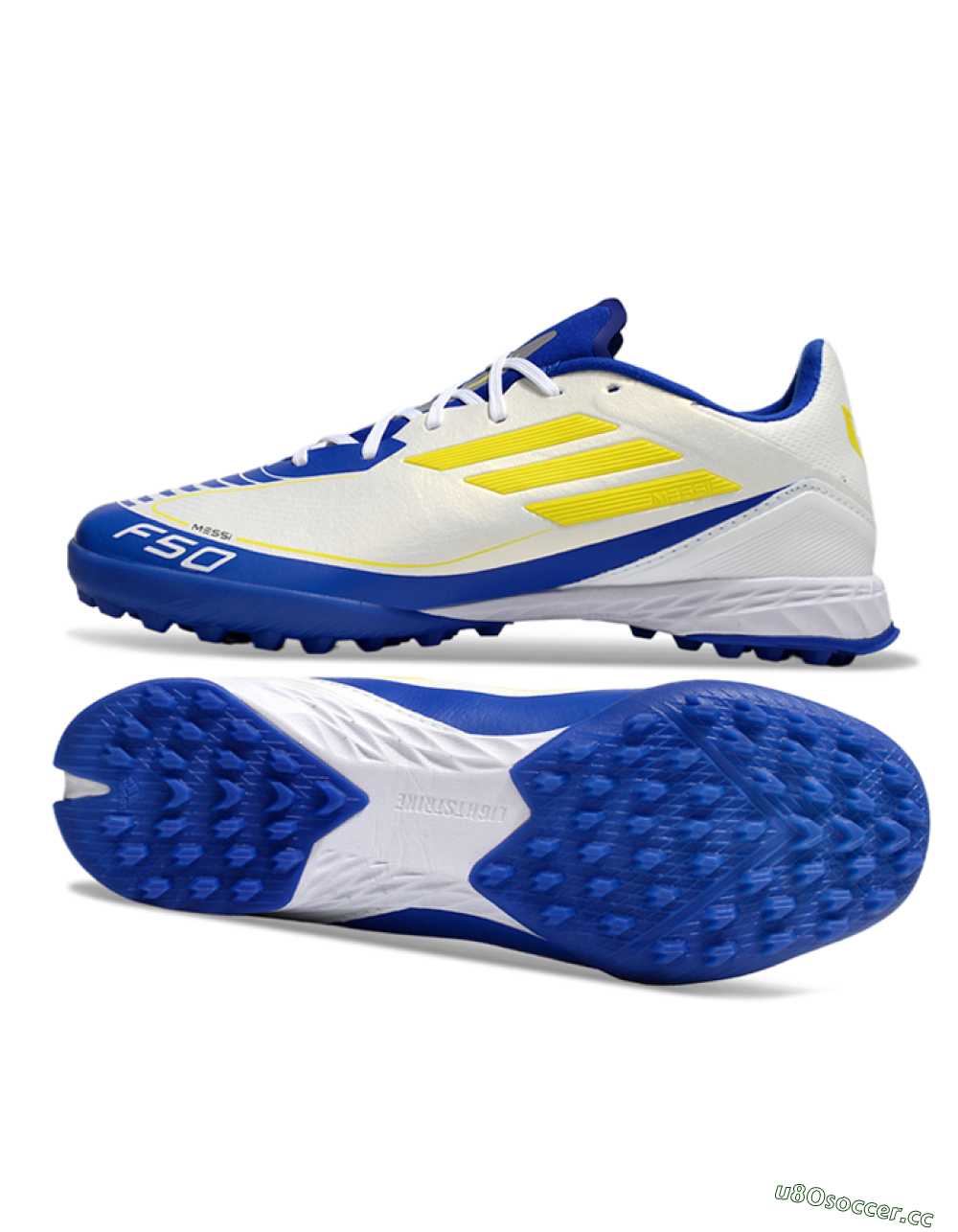 Unisex Messi x Adidas F50 Pro TF Artificial Turf Low-Tops Football Shoes - White/Yellow/Blue 1
