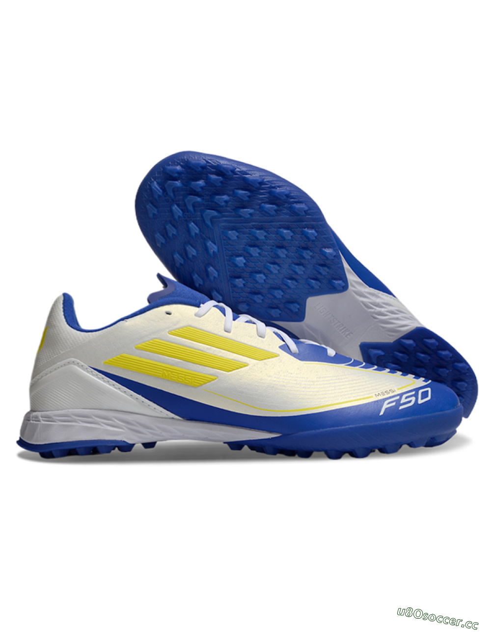 Unisex Messi x Adidas F50 Pro TF Artificial Turf Low-Tops Football Shoes - White/Yellow/Blue 2