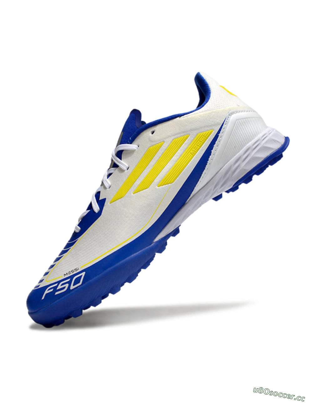 Unisex Messi x Adidas F50 Pro TF Artificial Turf Low-Tops Football Shoes - White/Yellow/Blue 5