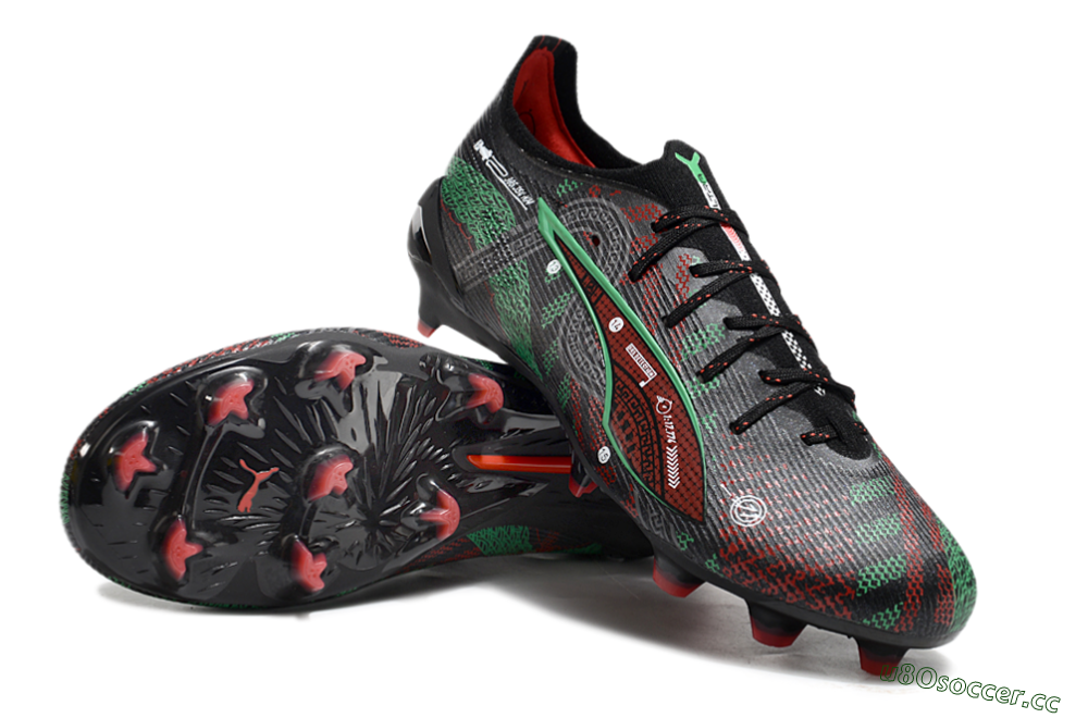 Men's Puma Ultra Ultimate FG Firm Ground Low-Tops Football Boots - Black/Red/Green 3