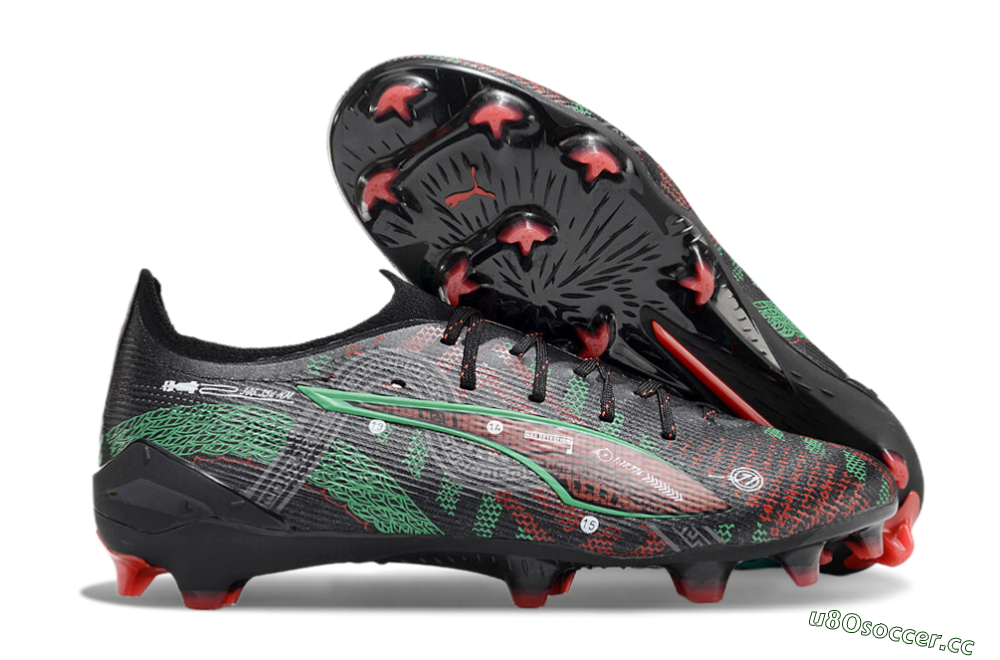Men's Puma Ultra Ultimate FG Firm Ground Low-Tops Football Boots - Black/Red/Green 2