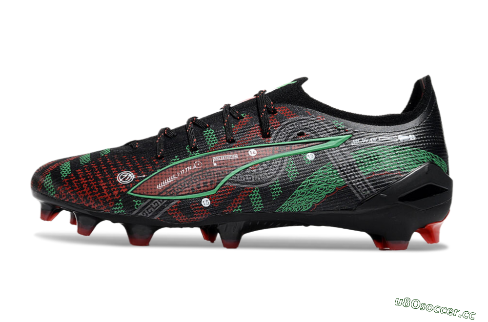 Men's Puma Ultra Ultimate FG Firm Ground Low-Tops Football Boots - Black/Red/Green 0