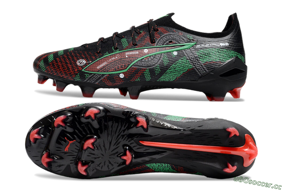 Men's Puma Ultra Ultimate FG Firm Ground Low-Tops Football Boots - Black/Red/Green 1