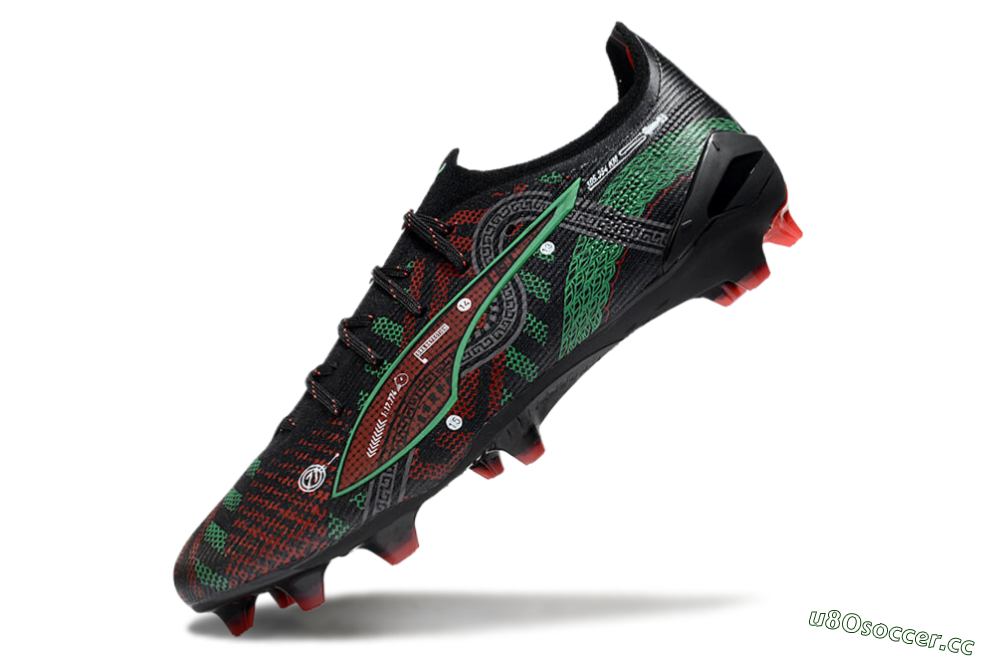 Men's Puma Ultra Ultimate FG Firm Ground Low-Tops Football Boots - Black/Red/Green 5