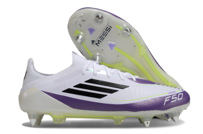 Men's Messi x Adidas F50 Elite SG Soft Ground Low-Tops Football Boots - White/Black/Purple