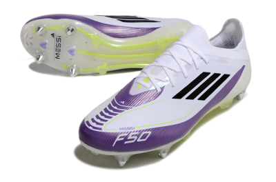 Men's Messi x Adidas F50 Elite SG Soft Ground Low-Tops Football Boots - White/Black/Purple