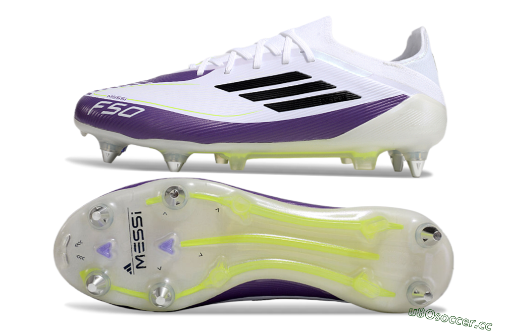 Men's Messi x Adidas F50 Elite SG Soft Ground Low-Tops Football Boots - White/Black/Purple 1