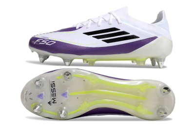 Men's Messi x Adidas F50 Elite SG Soft Ground Low-Tops Football Boots - White/Black/Purple