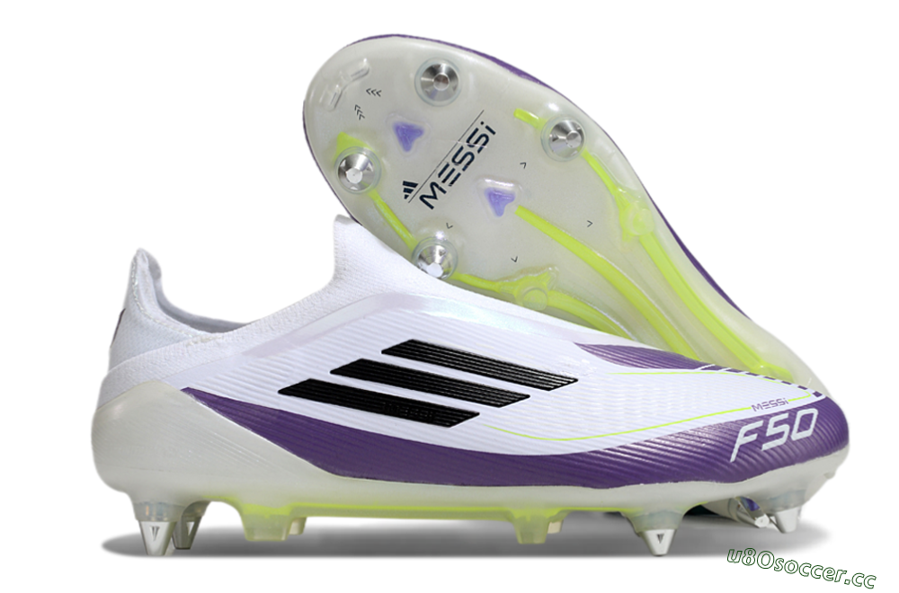Men's Messi x Adidas F50 Elite Laceless SG Soft Ground Low-Tops Football Boots - White/Black/Purple 2