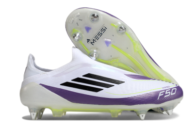 Men's Messi x Adidas F50 Elite Laceless SG Soft Ground Low-Tops Football Boots - White/Black/Purple