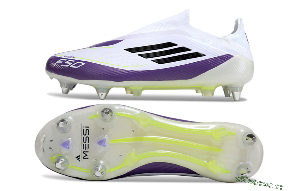 Men's Messi x Adidas F50 Elite Laceless SG Soft Ground Low-Tops Football Boots - White/Black/Purple 1