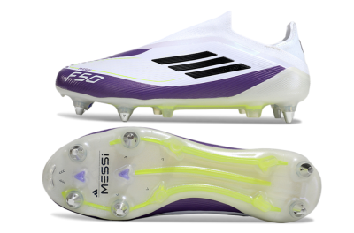 Men's Messi x Adidas F50 Elite Laceless SG Soft Ground Low-Tops Football Boots - White/Black/Purple