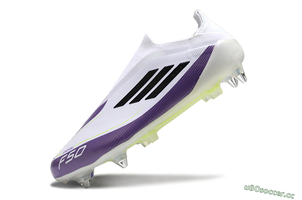 Men's Messi x Adidas F50 Elite Laceless SG Soft Ground Low-Tops Football Boots - White/Black/Purple 5