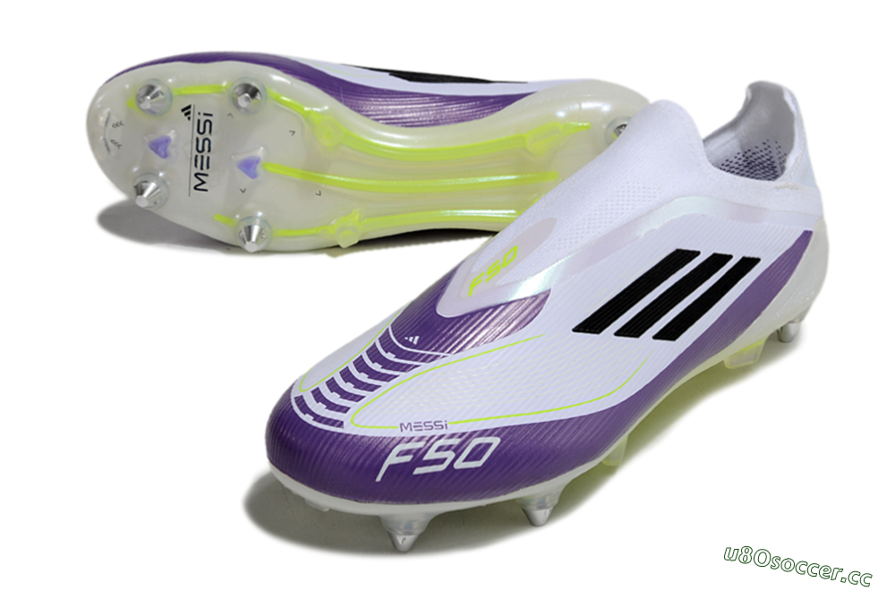 Men's Messi x Adidas F50 Elite Laceless SG Soft Ground Low-Tops Football Boots - White/Black/Purple 3