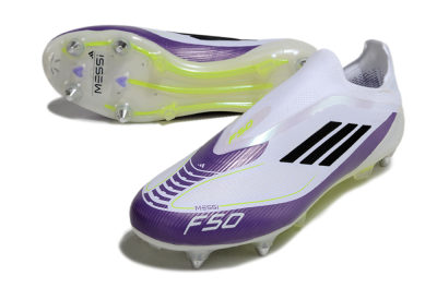 Men's Messi x Adidas F50 Elite Laceless SG Soft Ground Low-Tops Football Boots - White/Black/Purple