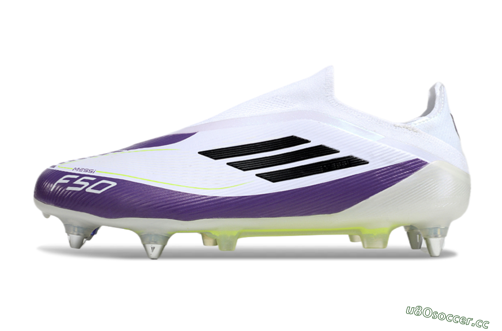 Men's Messi x Adidas F50 Elite Laceless SG Soft Ground Low-Tops Football Boots - White/Black/Purple 0