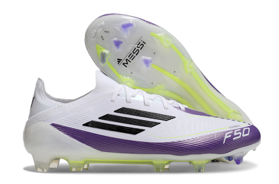 Men's Messi x Adidas F50 Elite FG Firm Ground Low-Tops Football Boots - White/Black/Purple