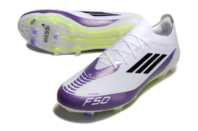 Men's Messi x Adidas F50 Elite FG Firm Ground Low-Tops Football Boots - White/Black/Purple