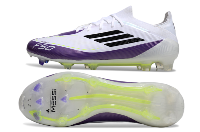 Men's Messi x Adidas F50 Elite FG Firm Ground Low-Tops Football Boots - White/Black/Purple