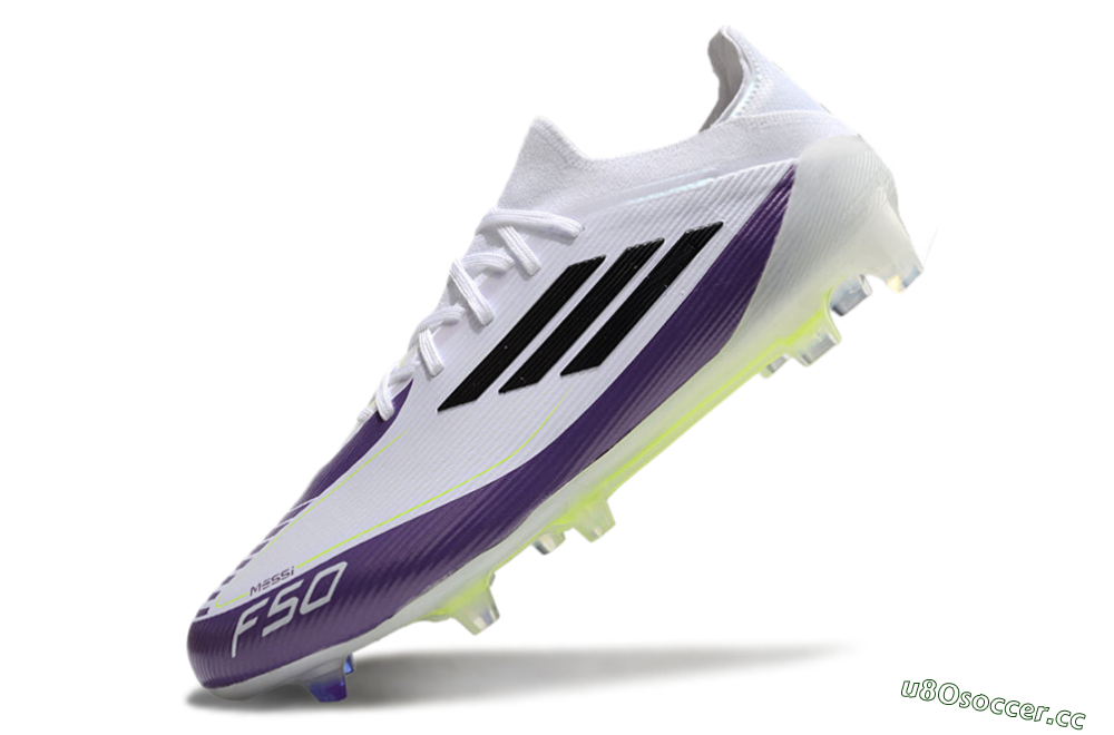 Men's Messi x Adidas F50 Elite FG Firm Ground Low-Tops Football Boots - White/Black/Purple 5
