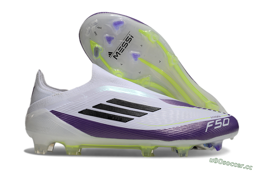 Men's Messi x Adidas F50 Elite Laceless FG Firm Ground Low-Tops Football Boots - White/Black/Purple 2