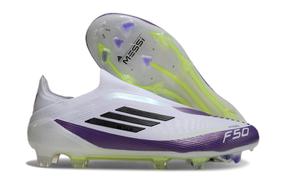 Men's Messi x Adidas F50 Elite Laceless FG Firm Ground Low-Tops Football Boots - White/Black/Purple