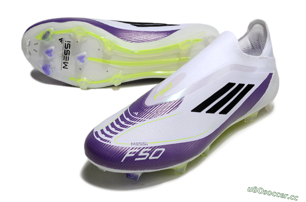 Men's Messi x Adidas F50 Elite Laceless FG Firm Ground Low-Tops Football Boots - White/Black/Purple 3