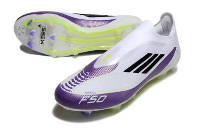 Men's Messi x Adidas F50 Elite Laceless FG Firm Ground Low-Tops Football Boots - White/Black/Purple