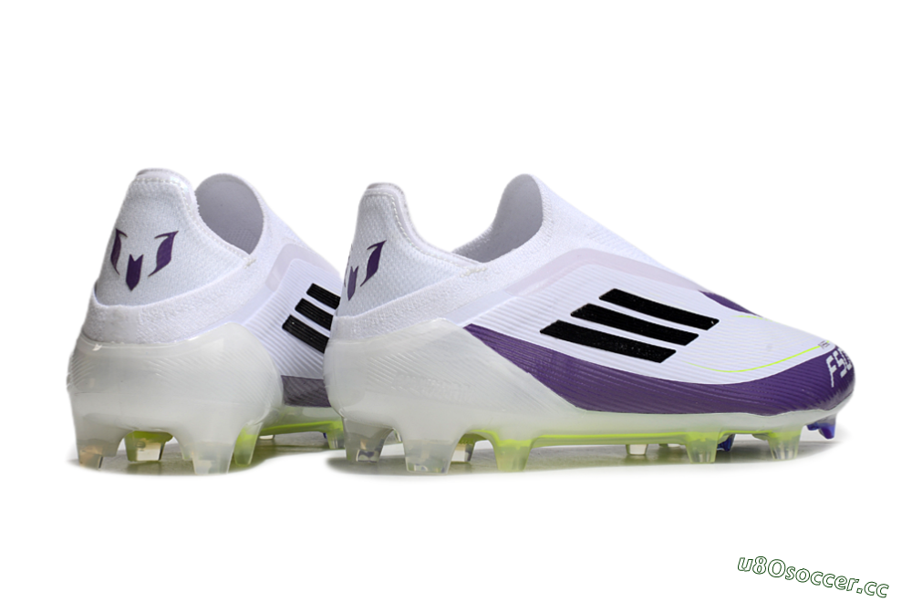 Men's Messi x Adidas F50 Elite Laceless FG Firm Ground Low-Tops Football Boots - White/Black/Purple 6