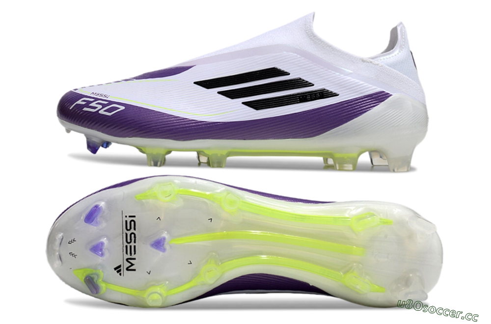 Men's Messi x Adidas F50 Elite Laceless FG Firm Ground Low-Tops Football Boots - White/Black/Purple 1