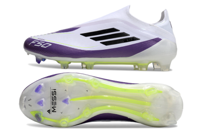 Men's Messi x Adidas F50 Elite Laceless FG Firm Ground Low-Tops Football Boots - White/Black/Purple