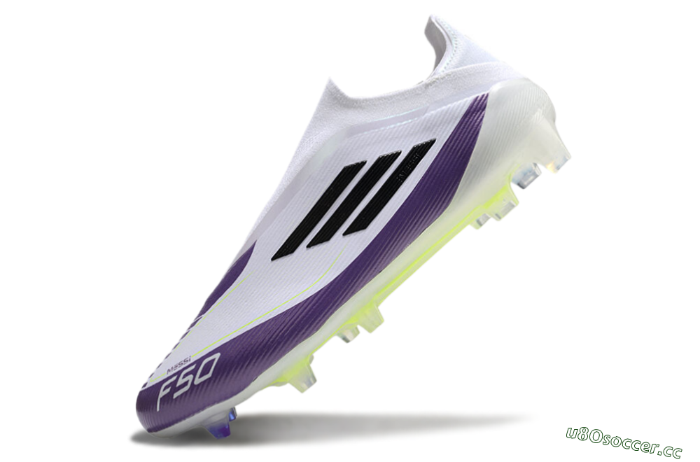 Men's Messi x Adidas F50 Elite Laceless FG Firm Ground Low-Tops Football Boots - White/Black/Purple 5